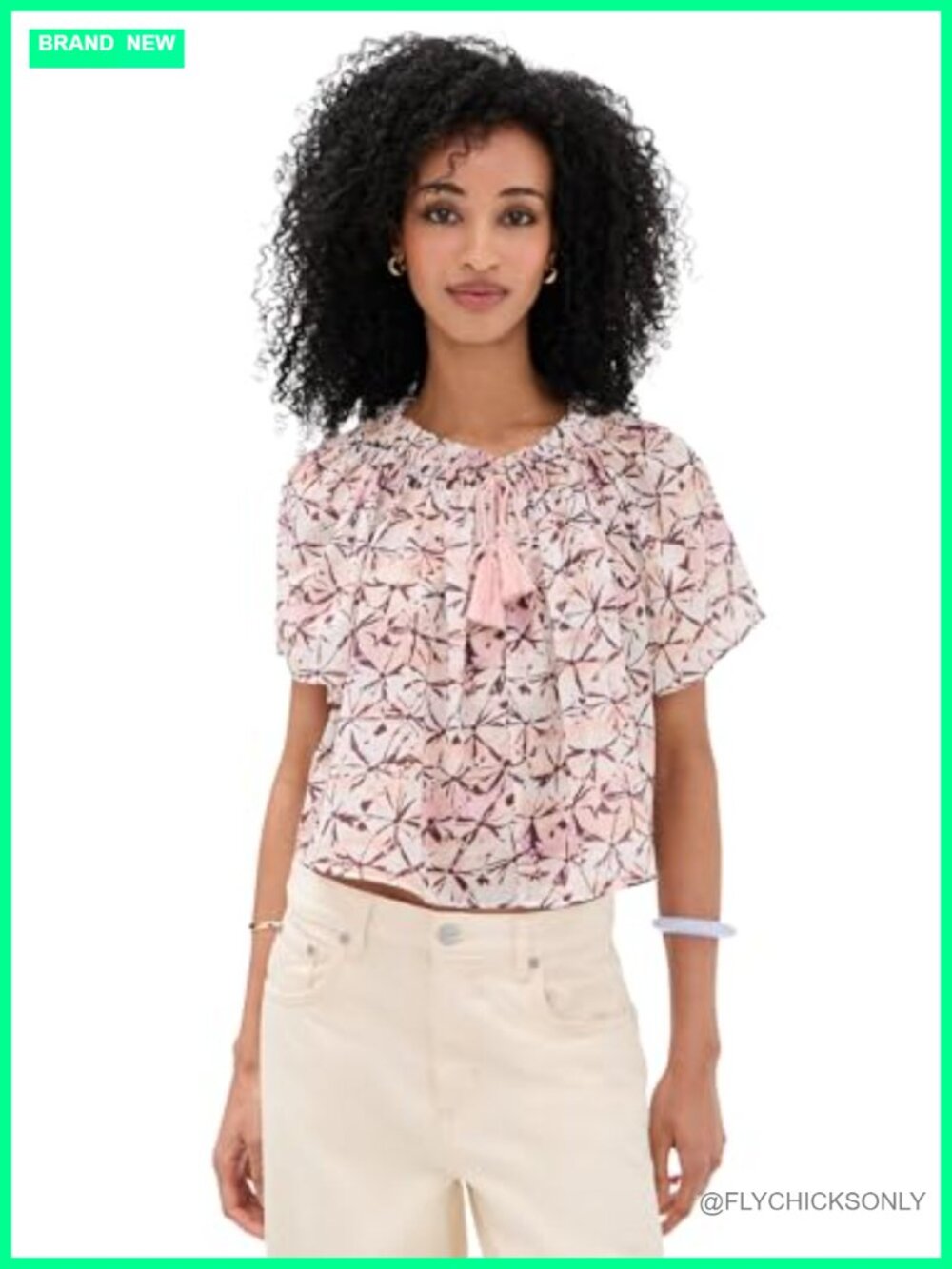 Flutter Sleeve Coverup Top Cotton Viscose Ruffle Beaded Tie Keyhole